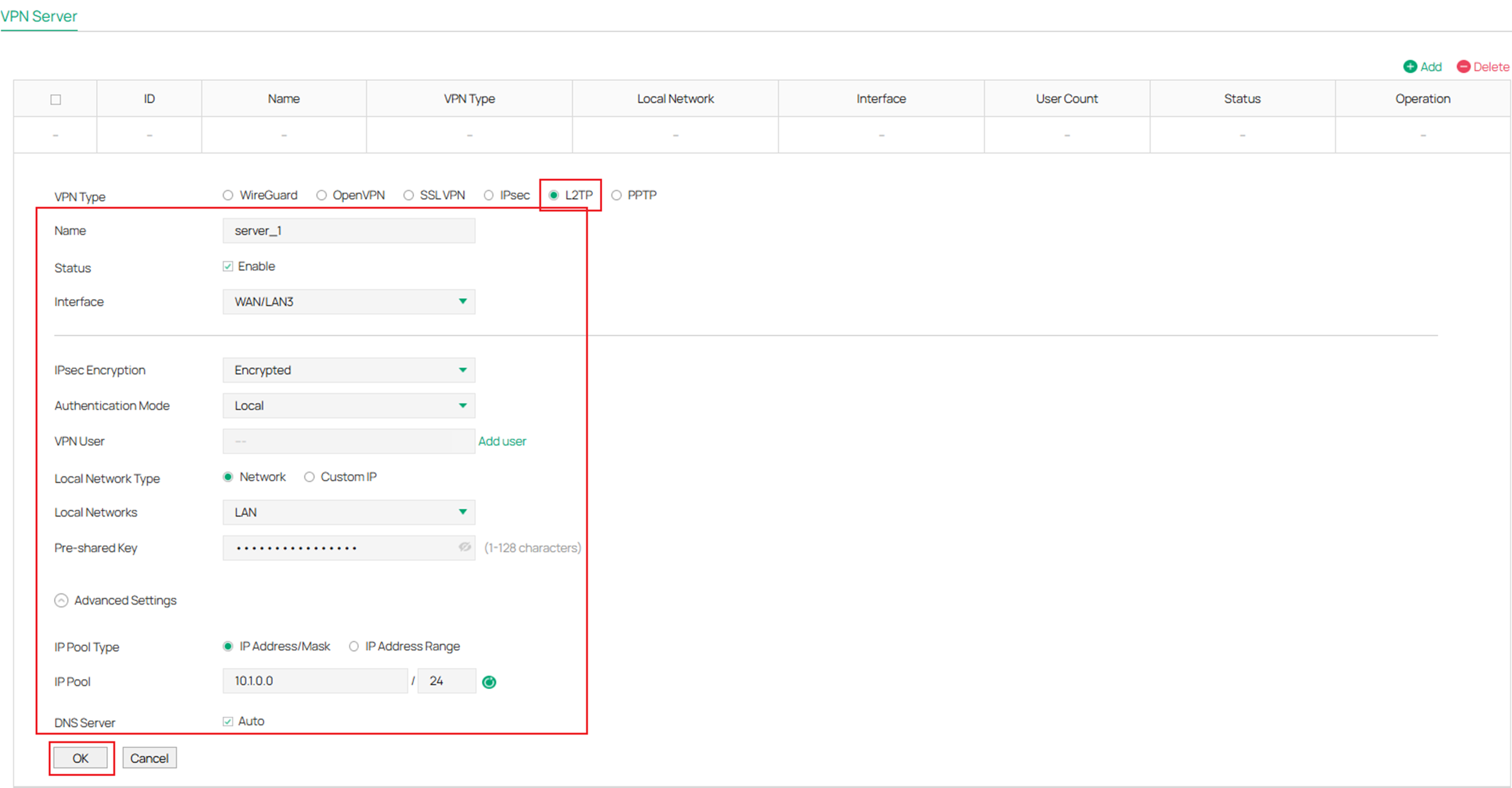 Fill in the parameters for the L2TP vpn server.