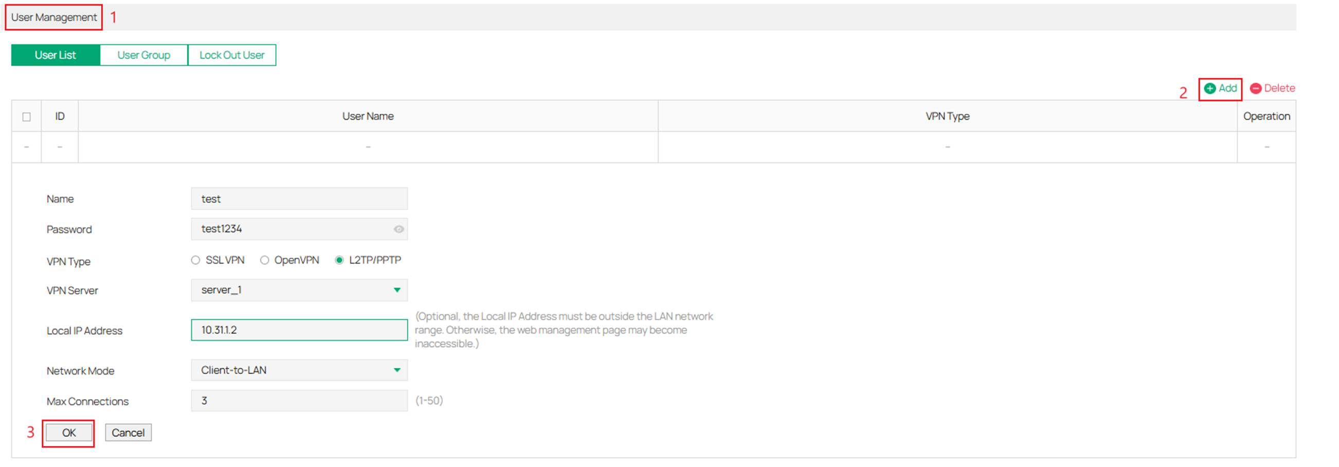 Local user login for the L2TP server.