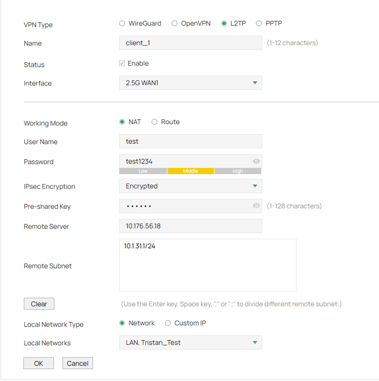 Fill in the client parameters for the L2TP policy.
