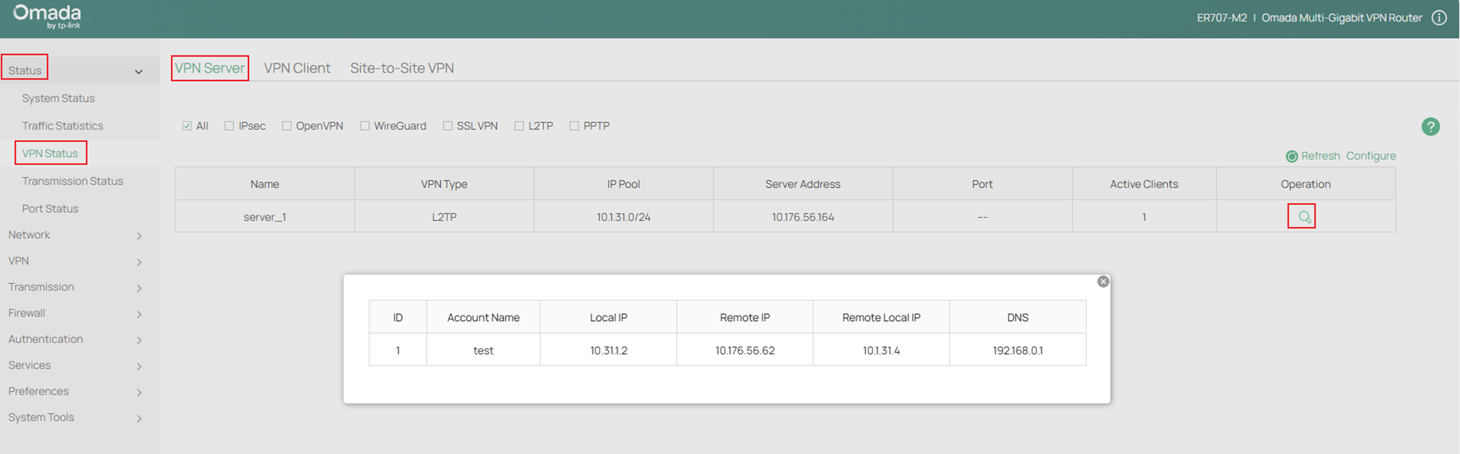 Verification for the L2TP VPN Server.