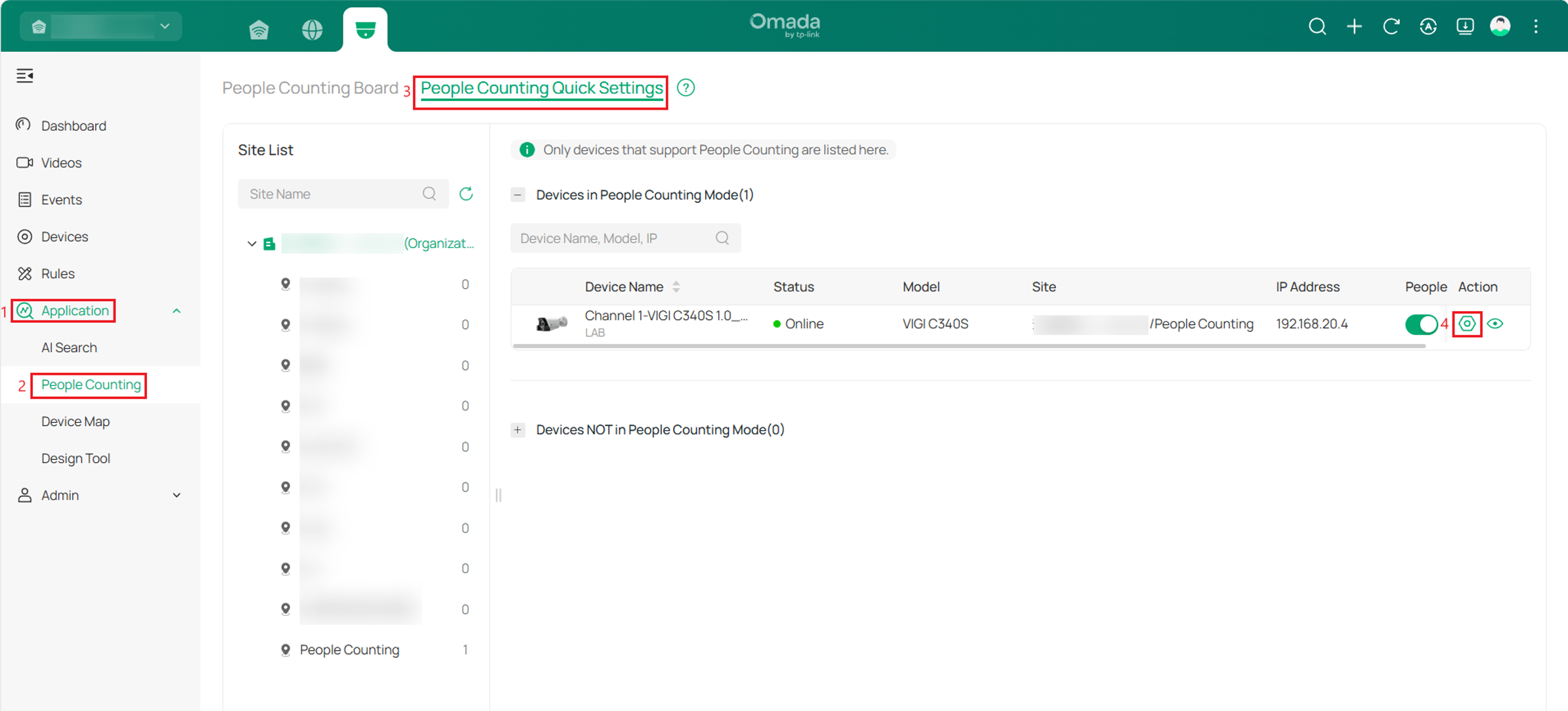 Show people counting quick settings.