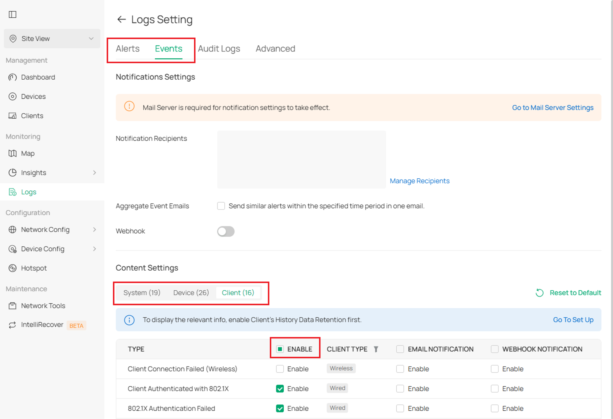 A screenshot showing the configuration page of Logs Setting.