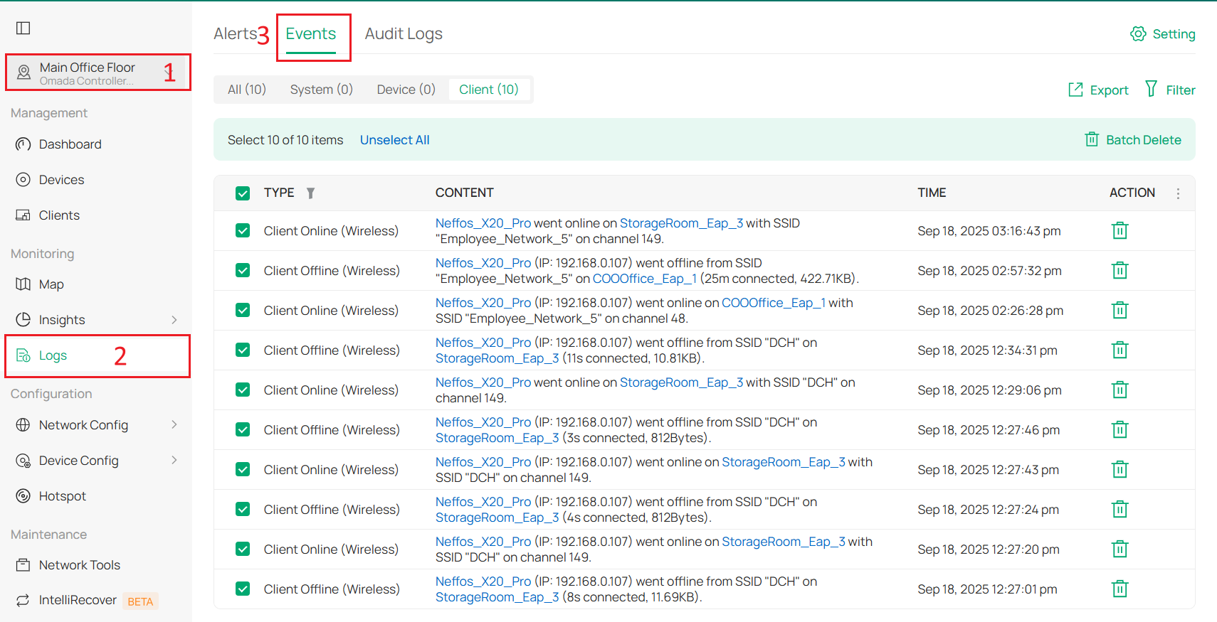 A screenshot showing how to delete entries of events. 
