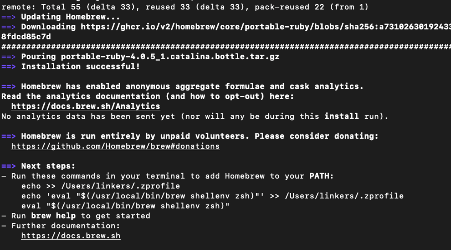 Installing Homebrew via terminal.