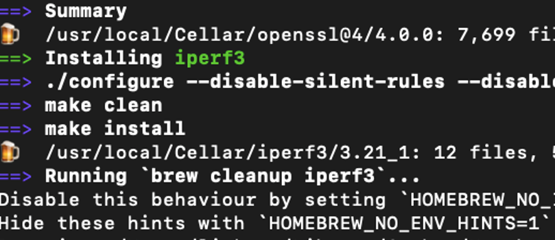 Installing iPerf3 via terminal using Homebrew.