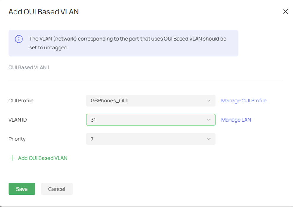 Fill in the parameters for the OUI Based VLAN.