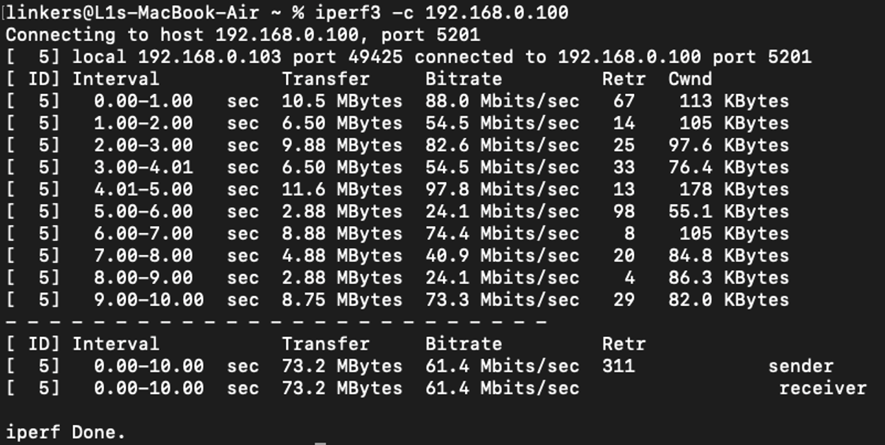 Running iPerf on Mac in client mode.