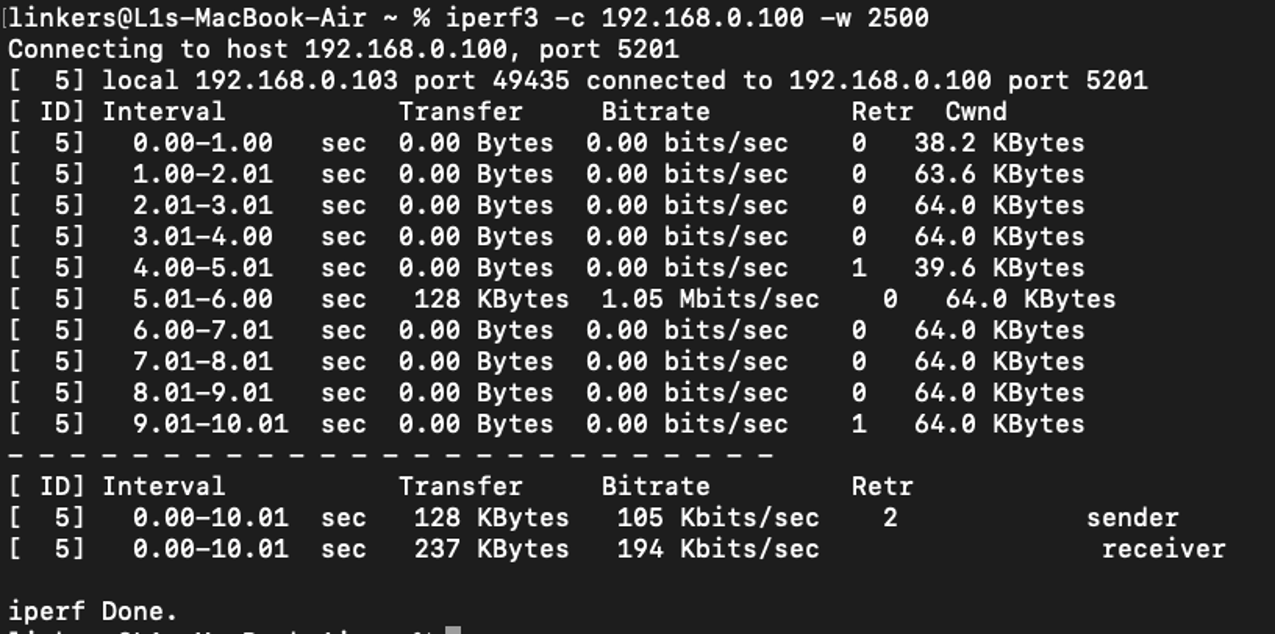 Running iPerf on Mac in client mode with TCP window size flag.