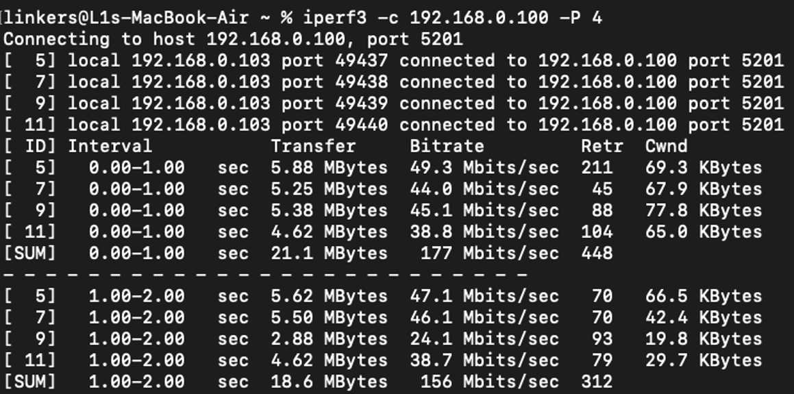 Running iPerf on Mac in client mode with parallel stream flag.