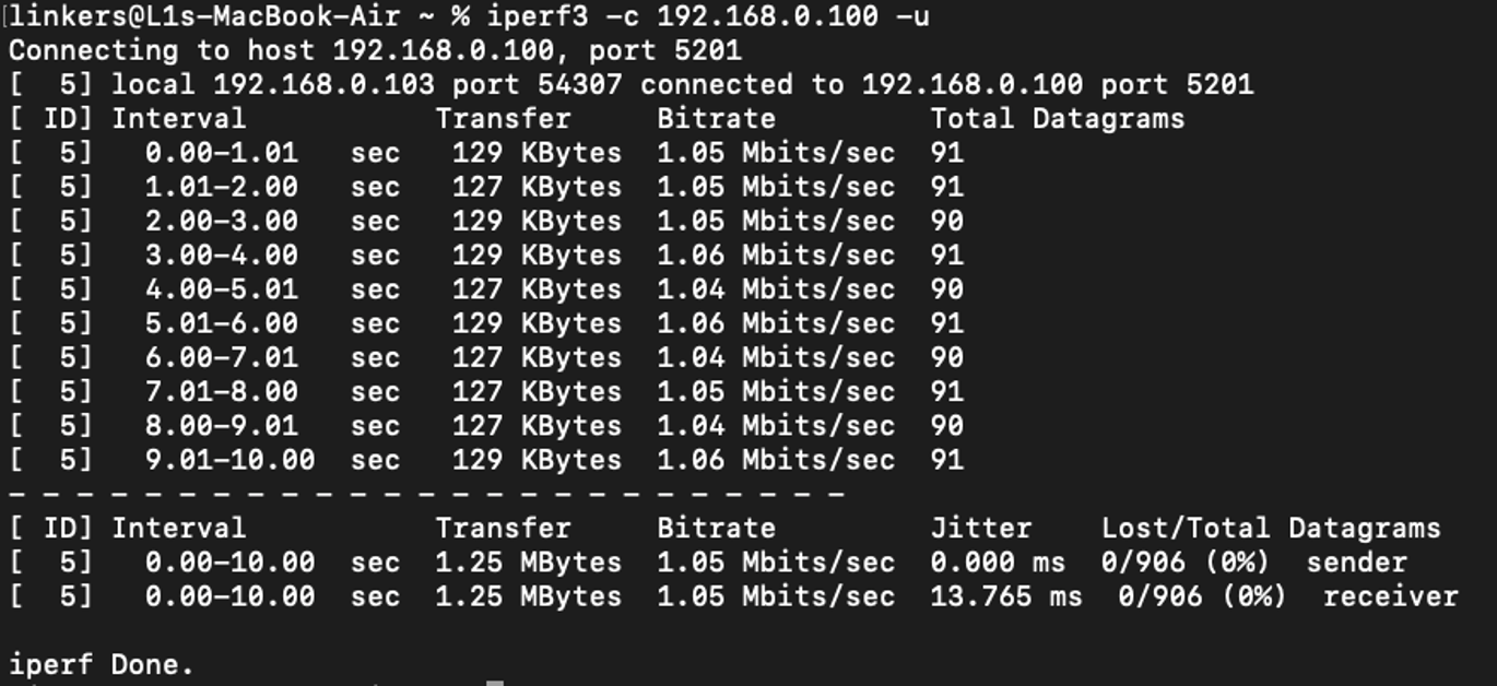 Running iPerf on Mac in client mode with UDP flag.