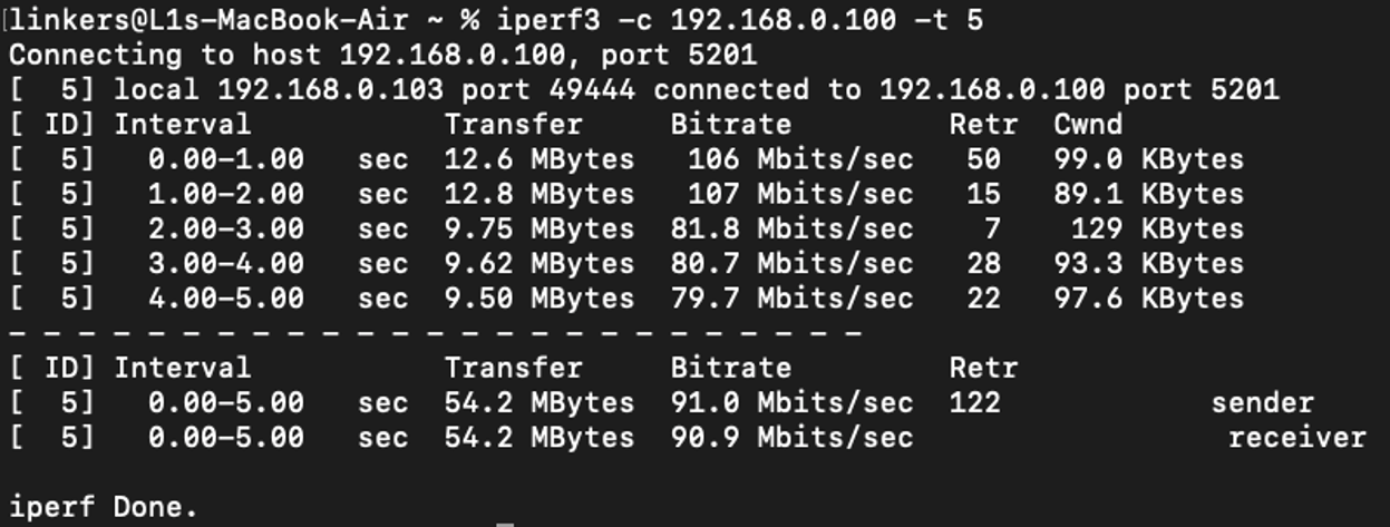 Running iPerf on Mac in client mode with duration flag.