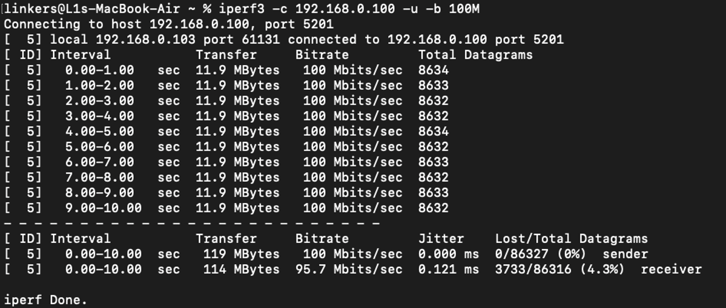 Running iPerf on Mac in client mode with bandwidth flag.