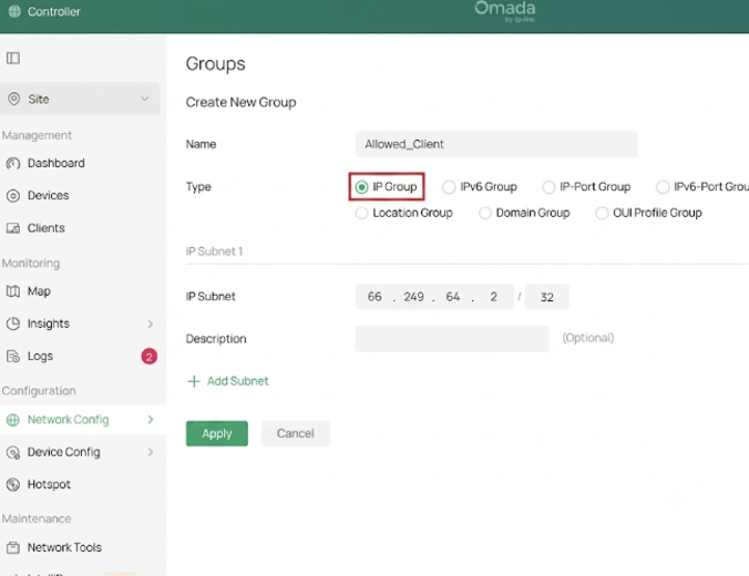 Allowed client IP group.