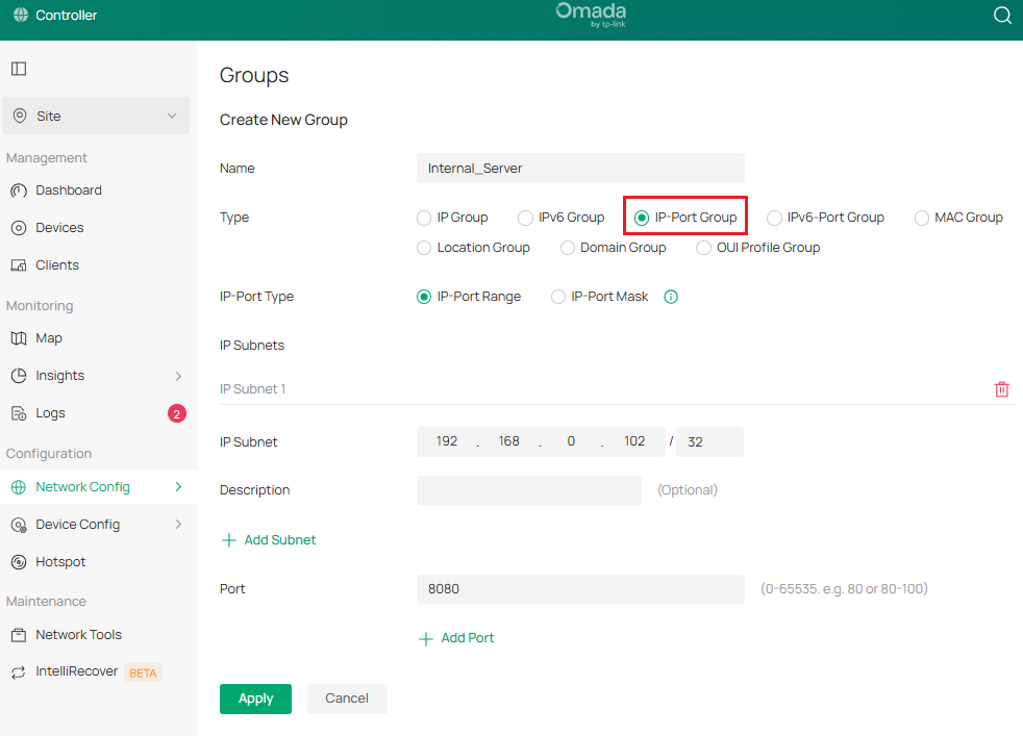 Internal server IP port group.