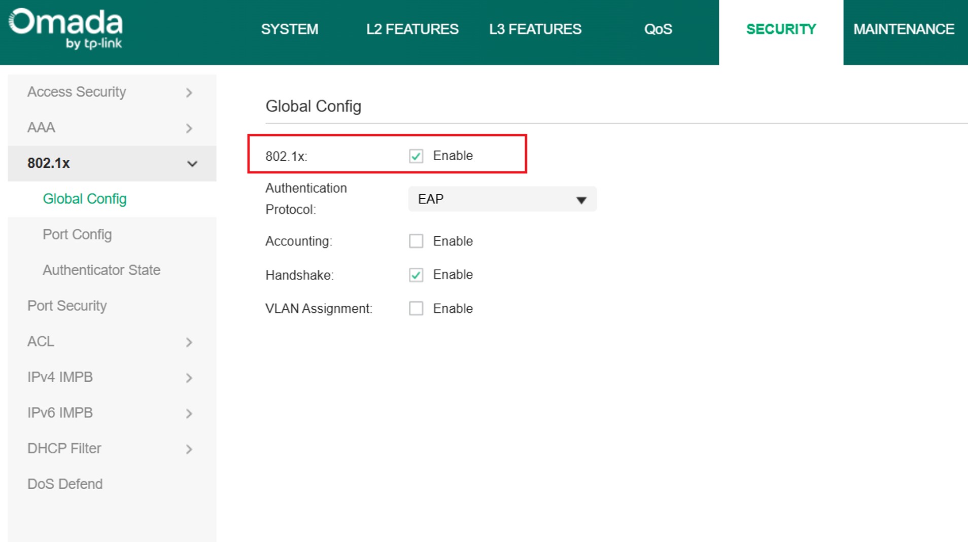 display the Global Config page in 802.1x.
