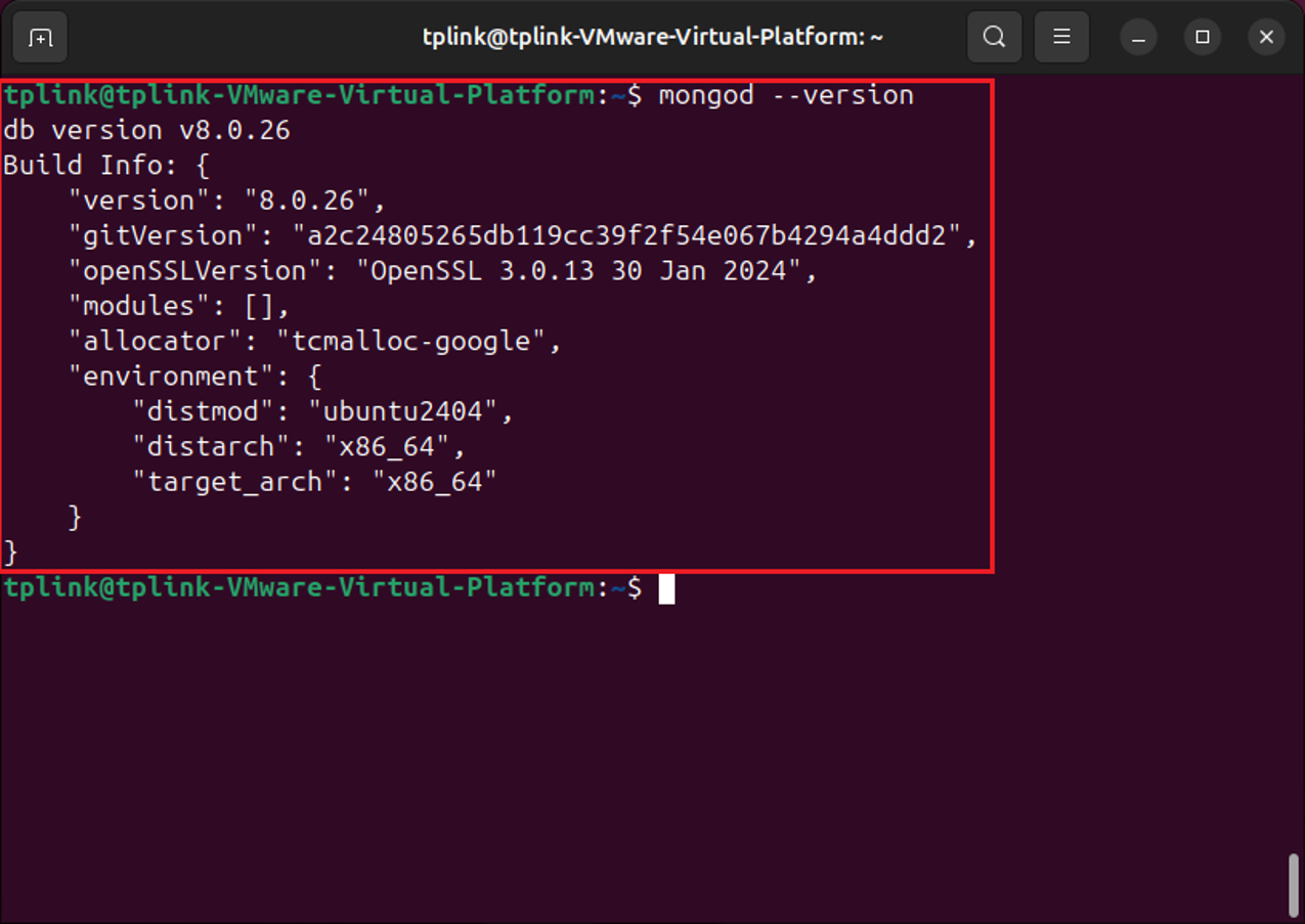 A screenshot showing the result of command mongod --version.