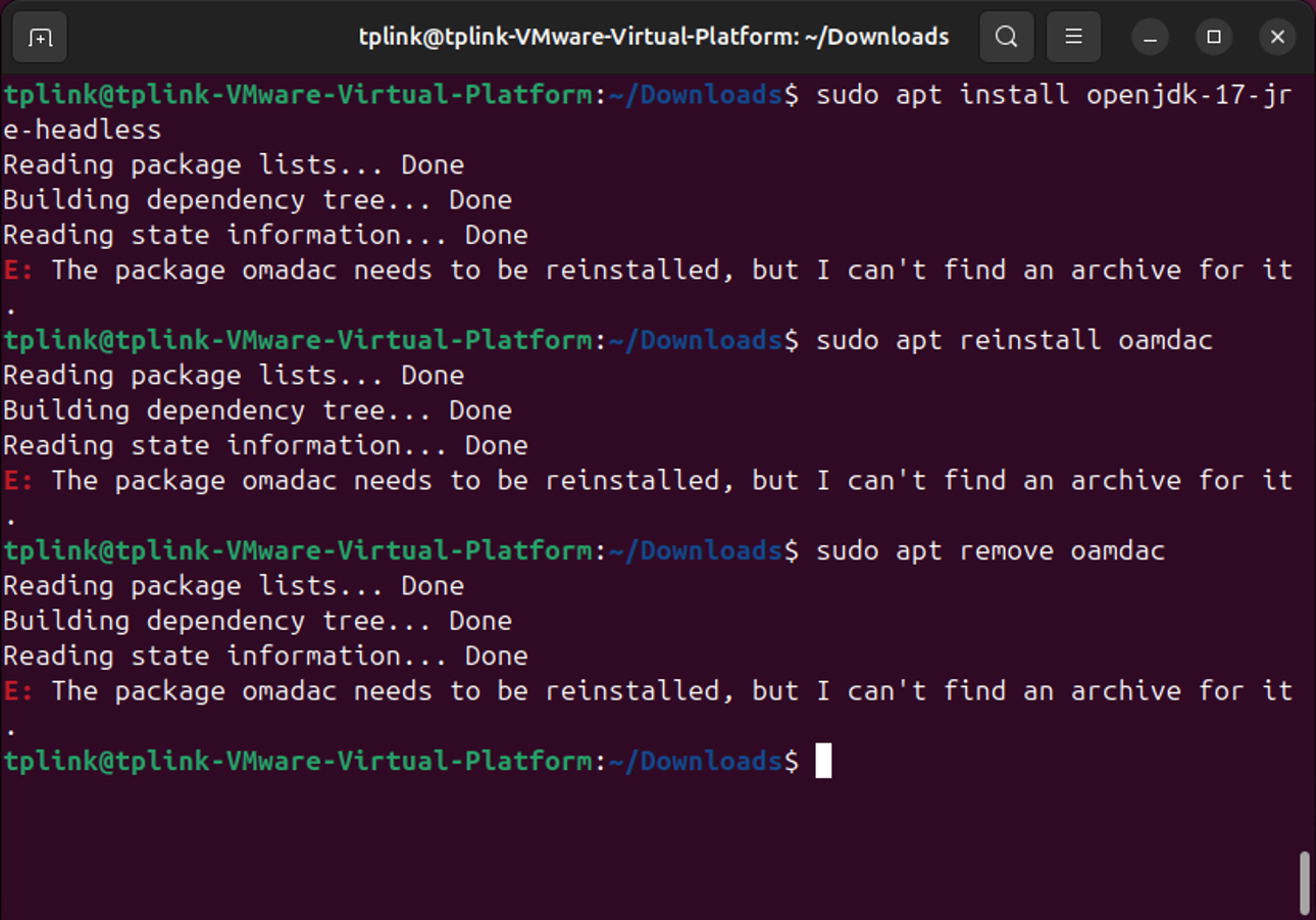 A screenshot showing the error of reinstall or remove omadac.