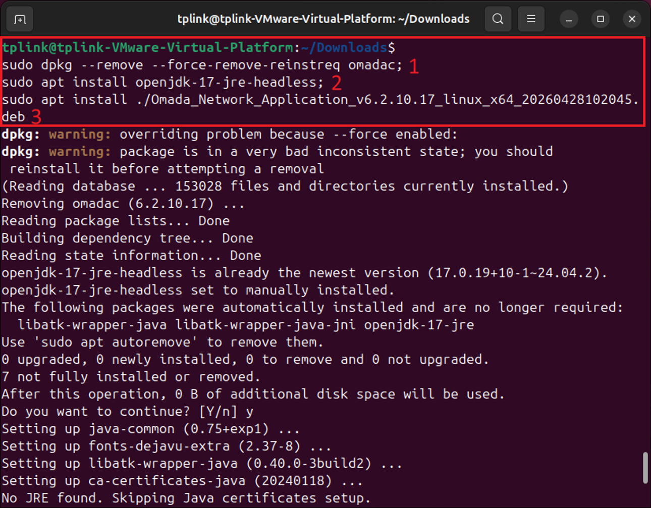 A screenshot showing the command to force remove omadac.