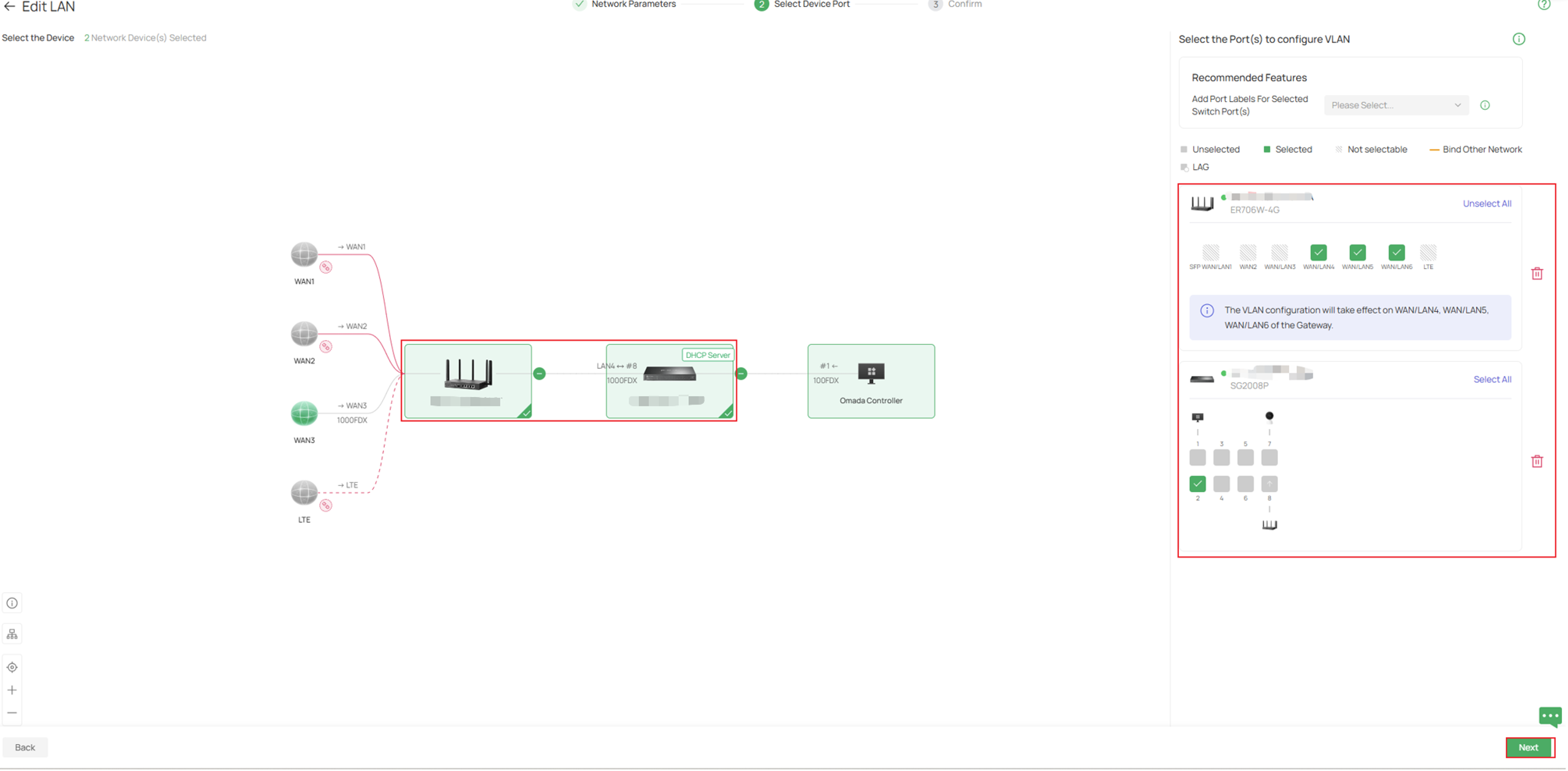 Selecting the ports that are associated to the VLAN.