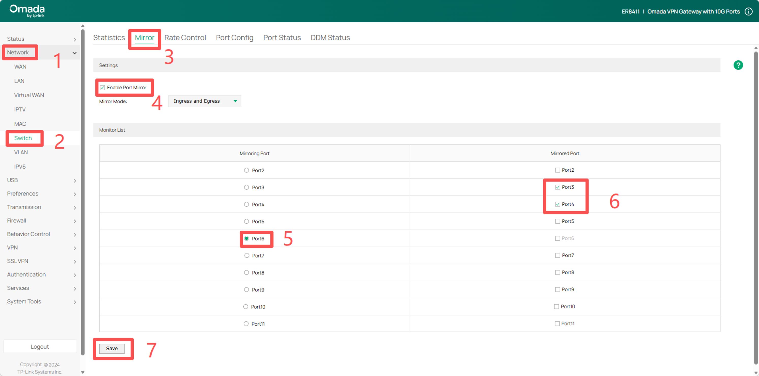 The page showing how to configure port mirror in Omada gateway’s web UI.