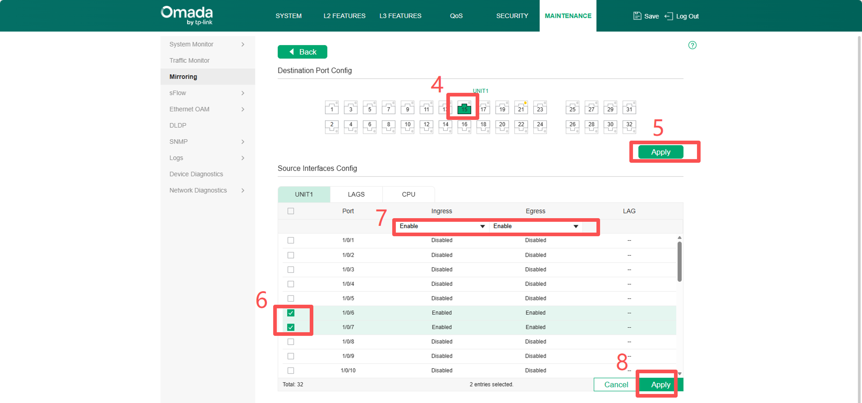The page showing how to configure port mirror in Omada switch’s web UI.