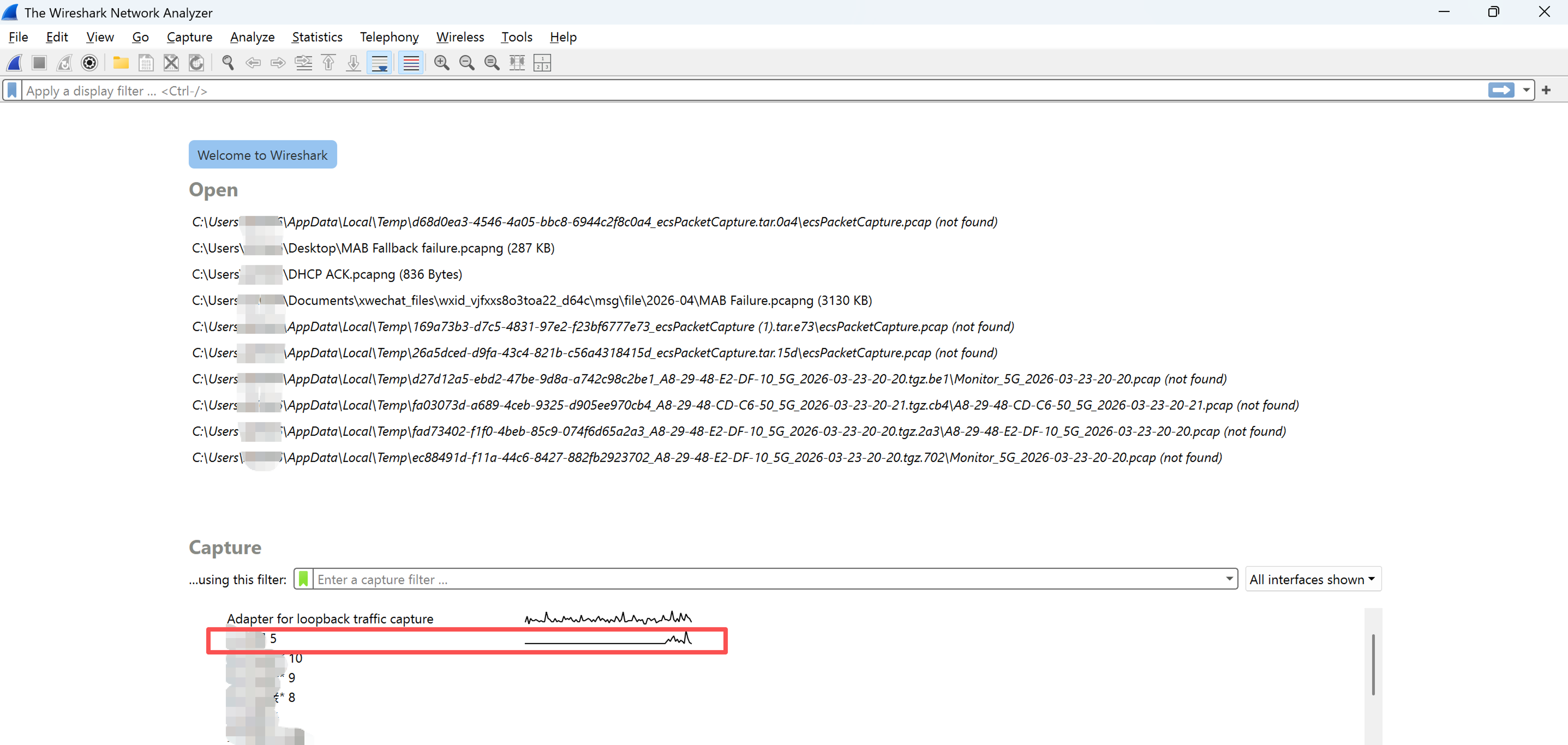 The page showing how to select interface in Wireshark.