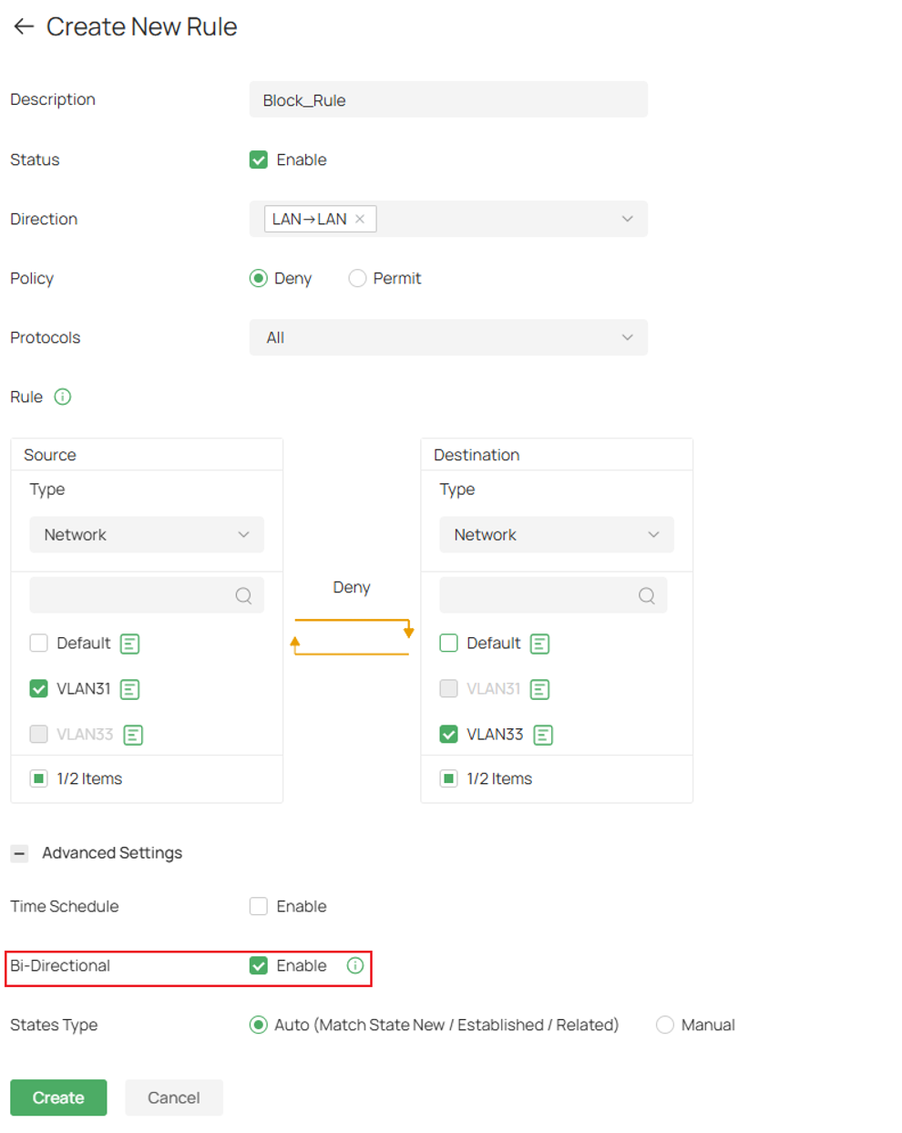 Fill in the parameters to block VLAN 31 to VLAN 33.