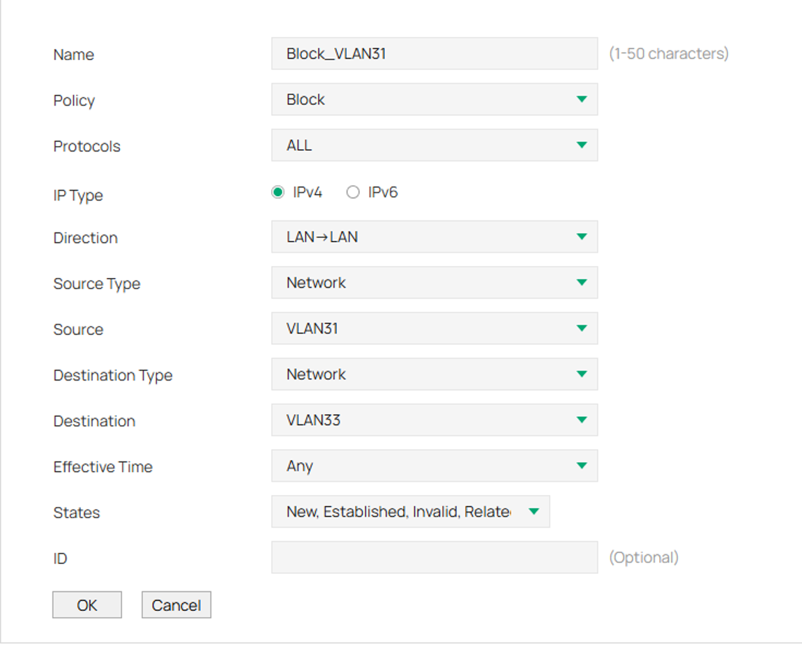 VLAN to block VLAN 31 to VLAN 33.