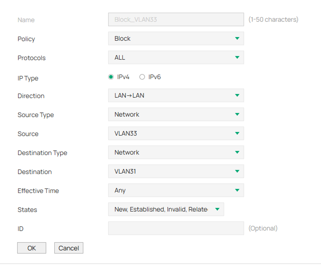 VLAN to block VLAN 33 to VLAN 31.