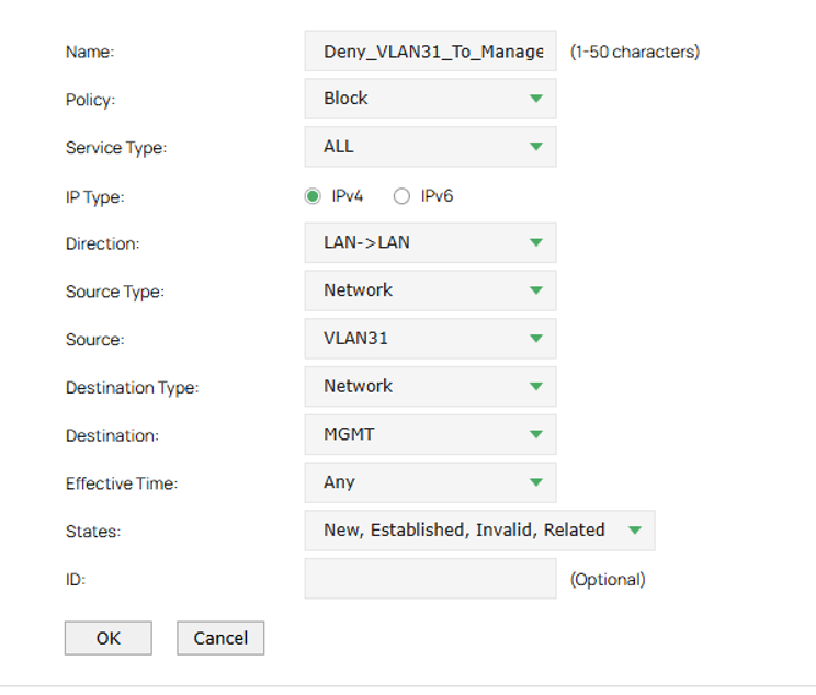 VLAN 31 denied policy to communicate with management VLAN.