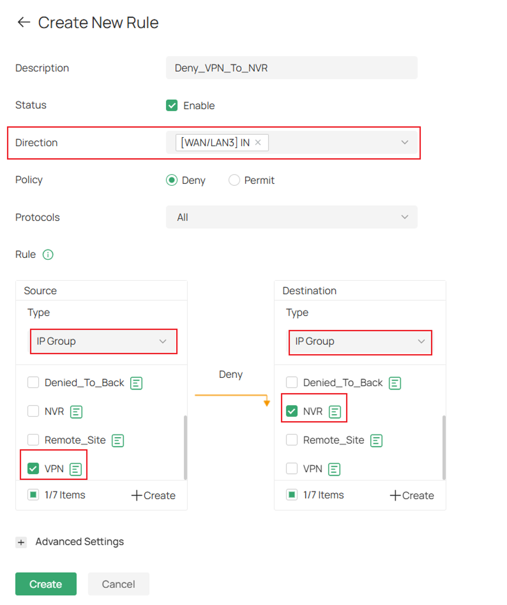 Fill in the parameters for the Gateway ACL to block the VPN to the NVR.