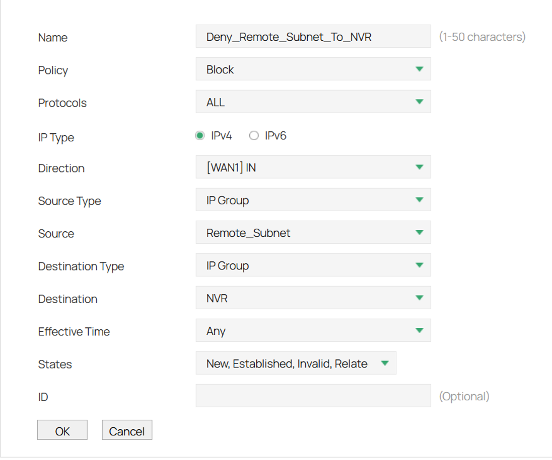 Fill in the parameters to block the remote subnet from communicating with the NVR.