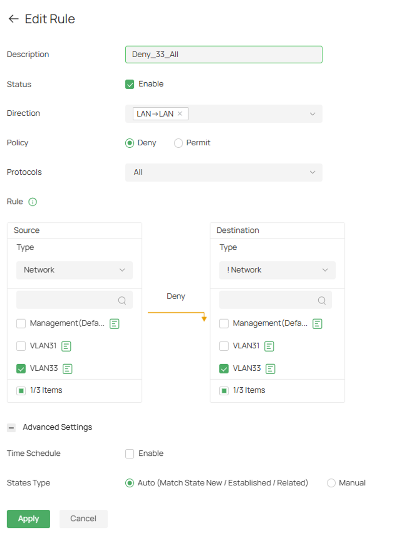 Deny rule for VLAN 33.