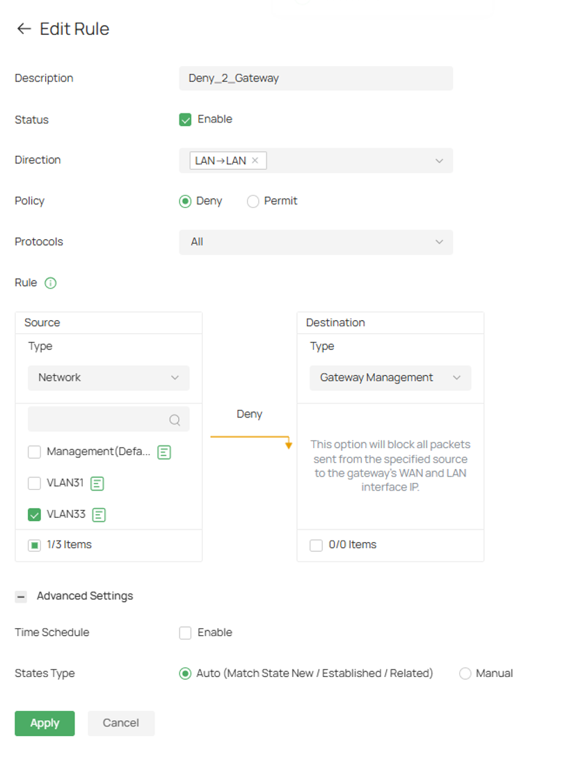 Deny VLAN 33 to the default gateway.