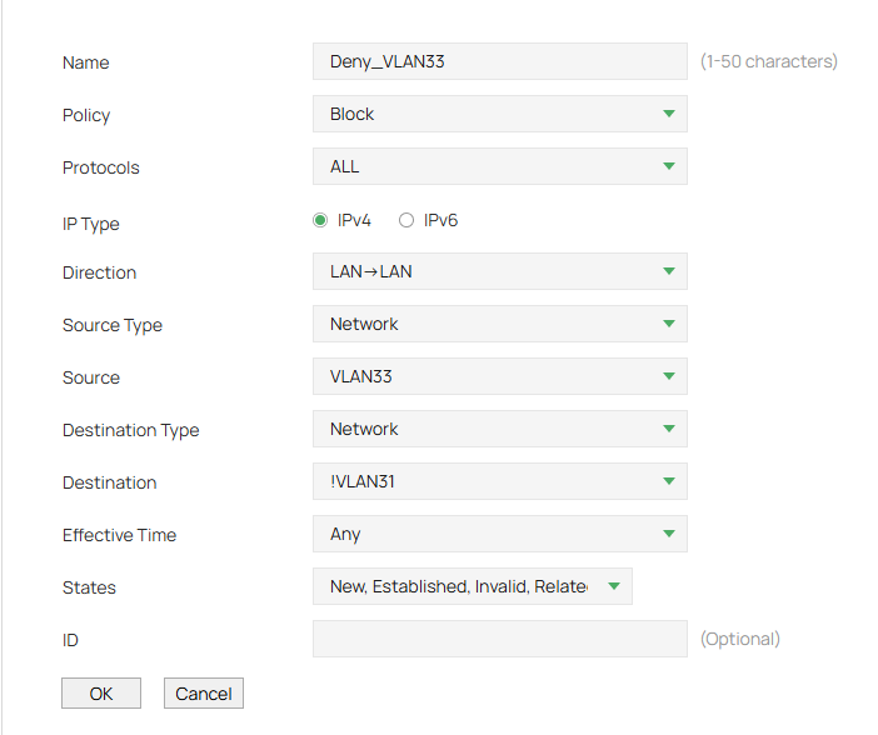 Deny rule for VLAN 33.