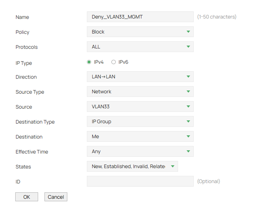 Deny rule for VLAN 33 to gateway management IP addresses.