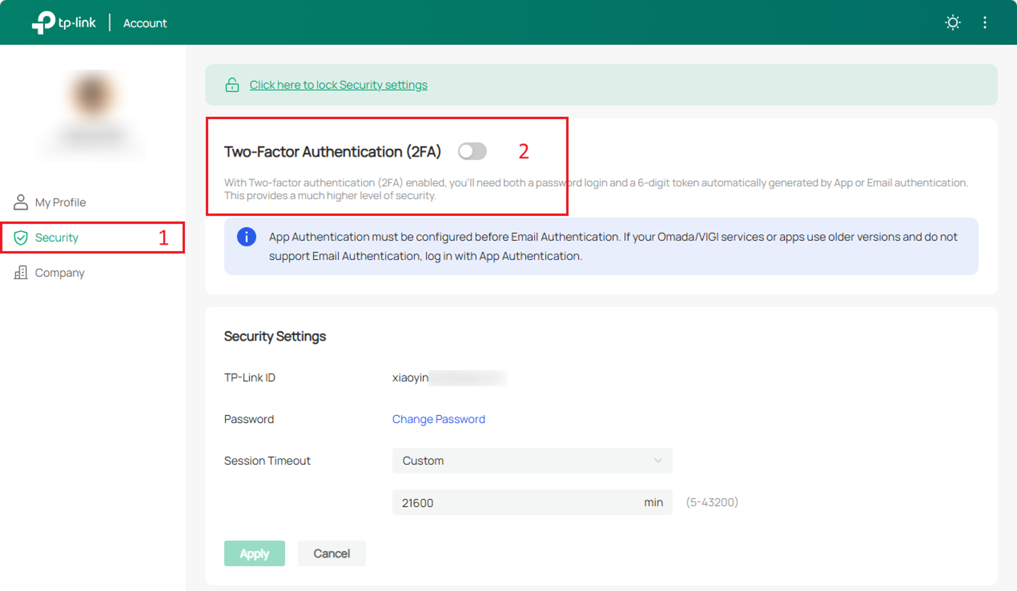 A screenshot showing the location of 2FA option.