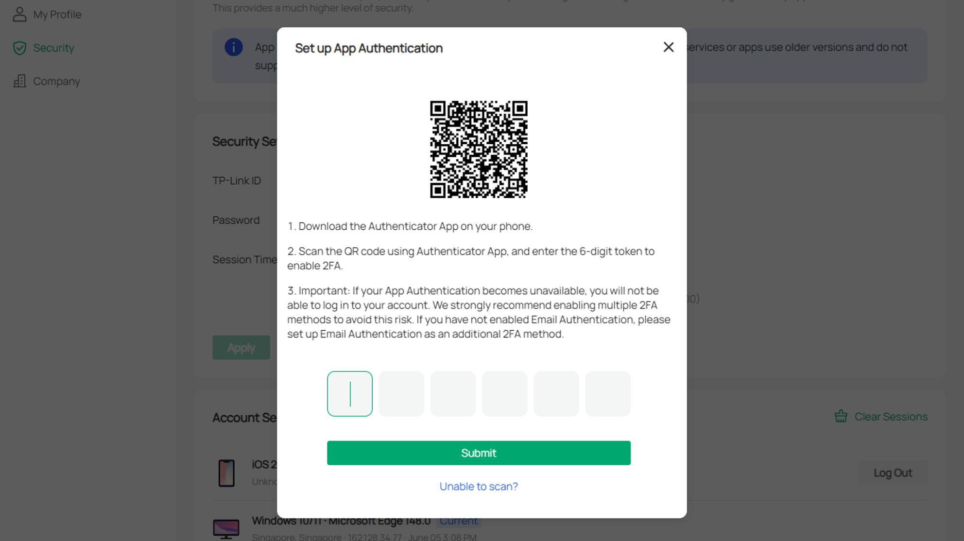 A screenshot showing the QR code of setting up authentication.