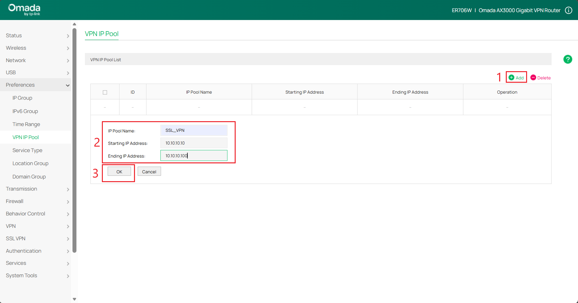 Show the path and what to enter into the VPN IP Pool.