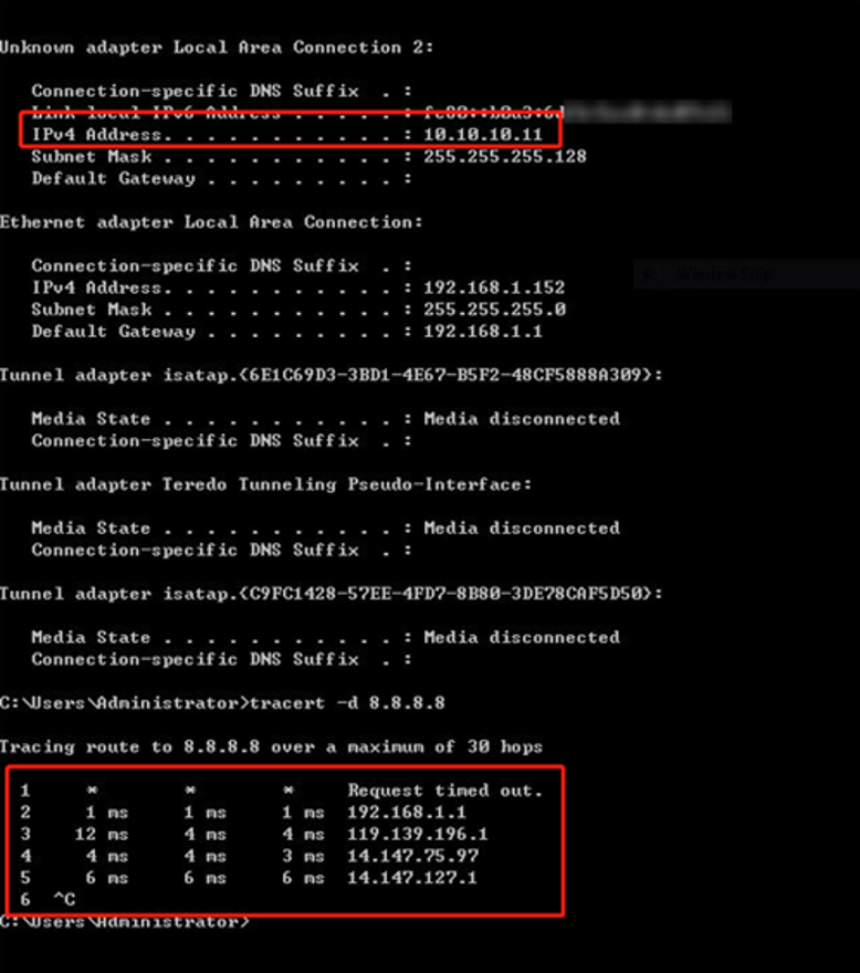 Shows VPN Pool IP address assigned to the client and tracert results.