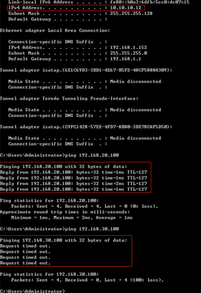 Shows VPN Pool IP address assigned to the client and ping results.