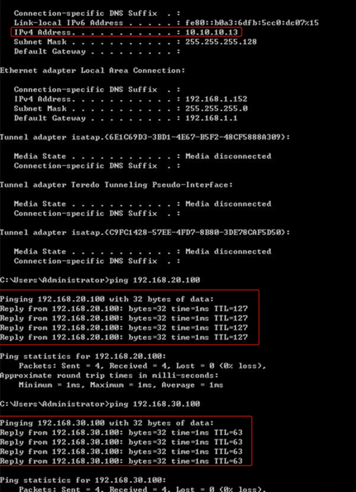 Shows VPN Pool IP address assigned to the client and ping results.