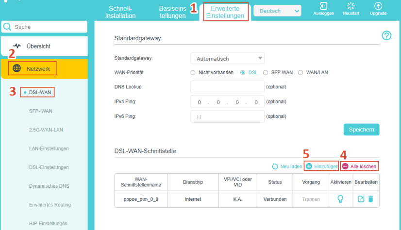Die DSL-WAN-Seite mit zwei hervorgehobenen Optionen: „Hinzufügen“ und „Alle löschen“. 