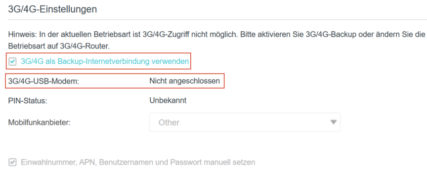 Die Seite „Mobile USB-Dongle“ mit zwei hervorgehobenen Bereichen: einem Schalter mit der Bezeichnung „Mobile USB-Dongle als Backup-Internetzugang aktivieren“ und dem Status des 3G/4G-USB-Modems, der „Erfolgreich erkannt“ anzeigt.