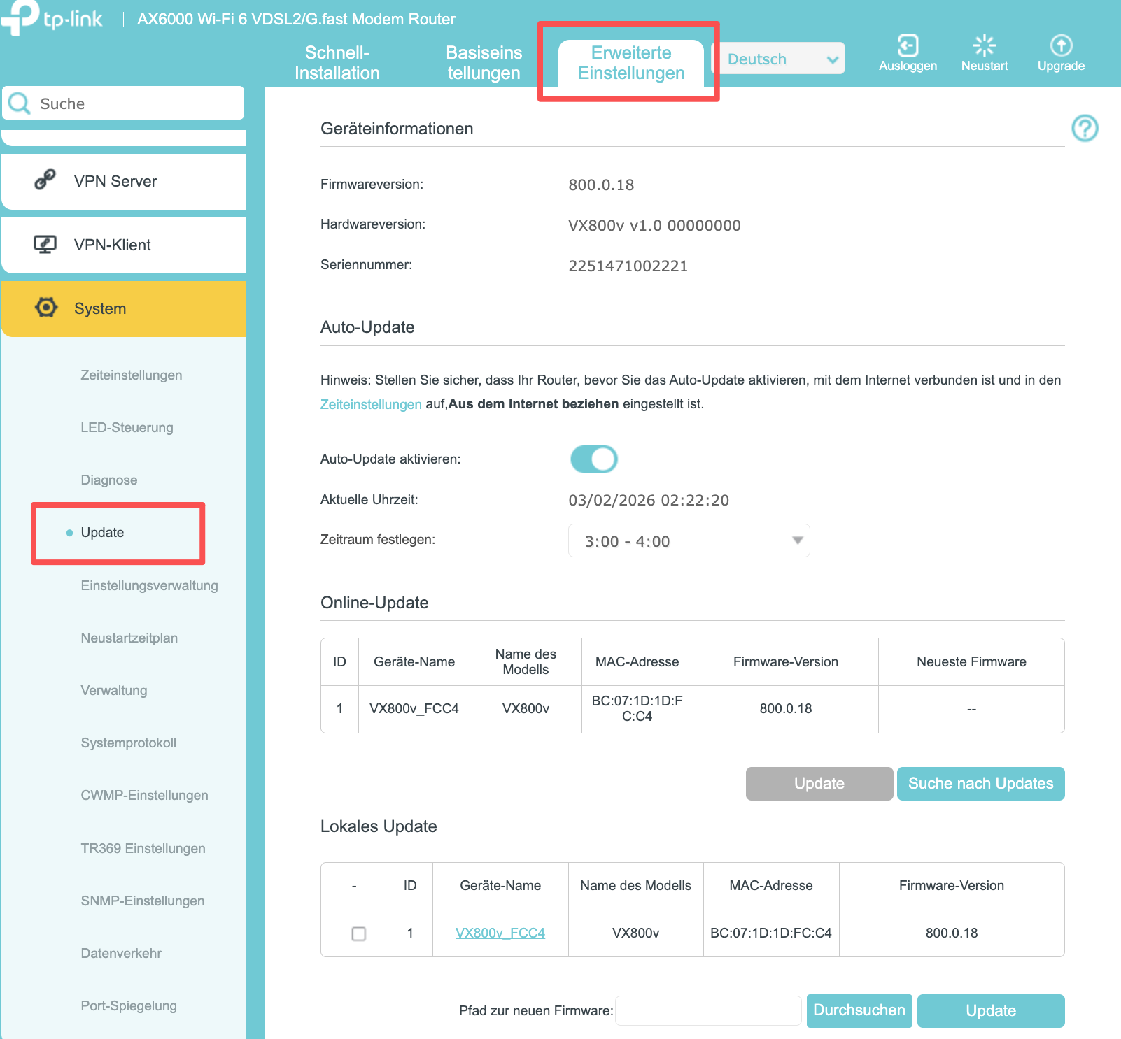 Seite für das Online-Firmware-Update im Webinterface des Routers