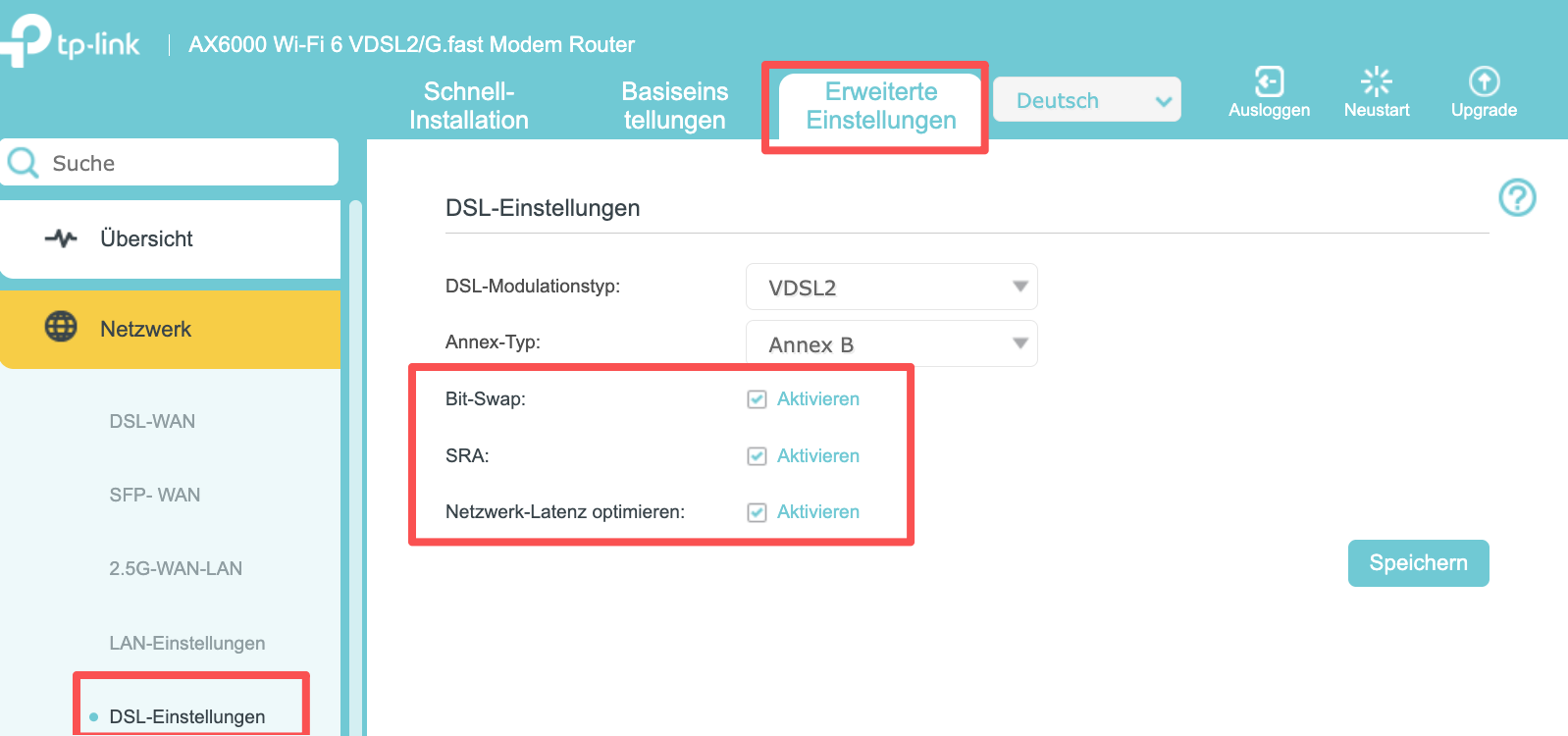 Seite mit den DSL-Einstellungen