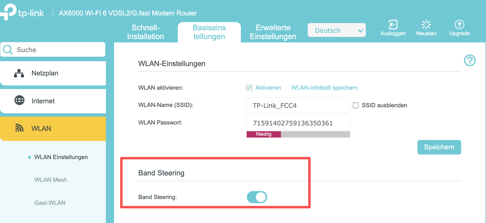 Seite mit den WLAN-Einstellungen, auf der die Option „Band Steering“ angezeigt wird.