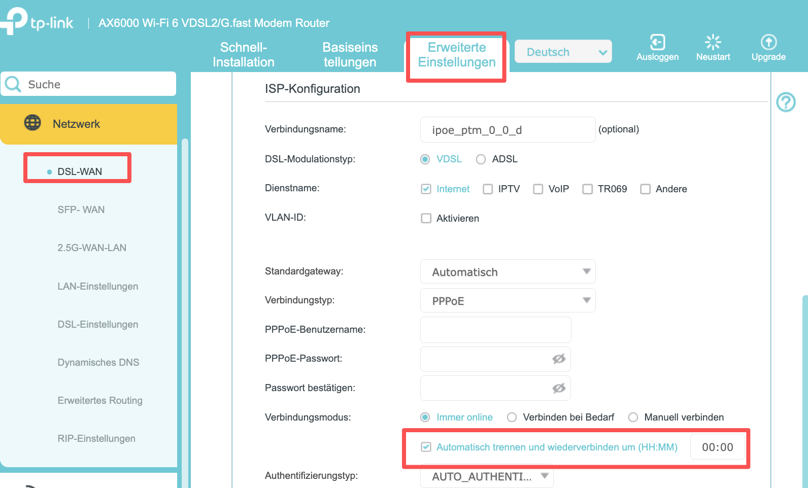 WAN-Verbindungseinstellungen mit Optionen für den Verbindungsmodus.