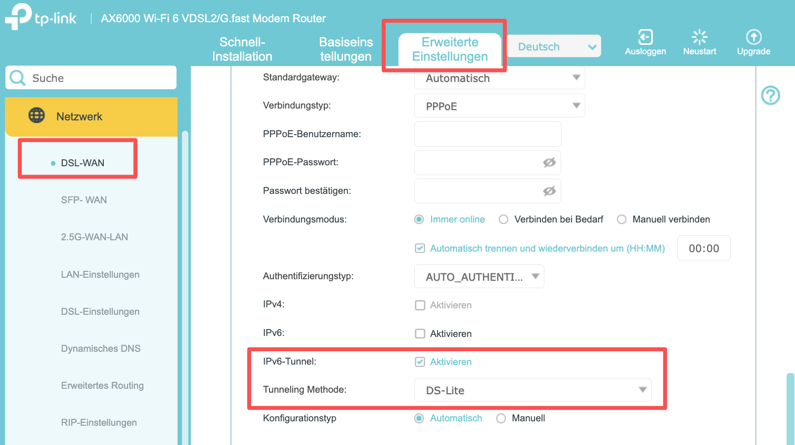 Seite „IPv6-Tunneleinstellungen“ mit der DS-Lite-Konfiguration.