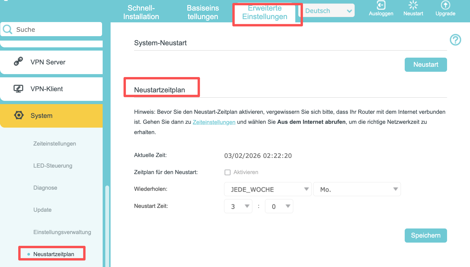 Seite mit den Neustart-Einstellungen im Router-Webinterface neu laden